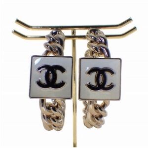 CHANEL Gold Chain Hoop Earrings with White Logo Plaque